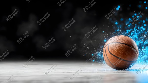A brown basketball sitting on a pale surface with a black background. The ball is surrounded by glowing blue visual effects, creating an impression of motion and energy.