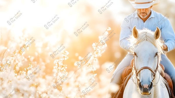 An image of a man wearing a hat and a light-colored shirt, riding a white horse in a field filled with blooming white flowers and golden sunlight. The setting resembles a beautiful natural scene, evoking spring or summer vibes.