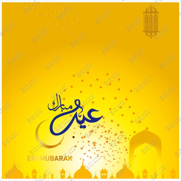 بطاقة تهنئة صفراء مكتوب عليها عيد مبارك باللغتين العربية والإنجليزية مع تصميم للهلال والنجوم ومساجد في الأسفل.