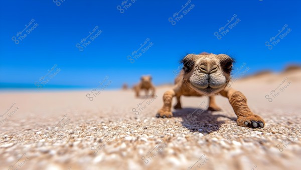 The image shows a young camel walking on a sandy beach on a sunny day. The sky is clear blue in the background, and the sea is visible far on the horizon. The camera is very close to the camel, highlighting its facial features in a cute manner.