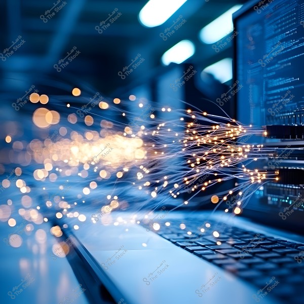 An image showing fiber optics emitting twinkling lights, resembling data transfer to and from a laptop. In the background, a screen displays code. The photo combines elements of technology and digital communication.