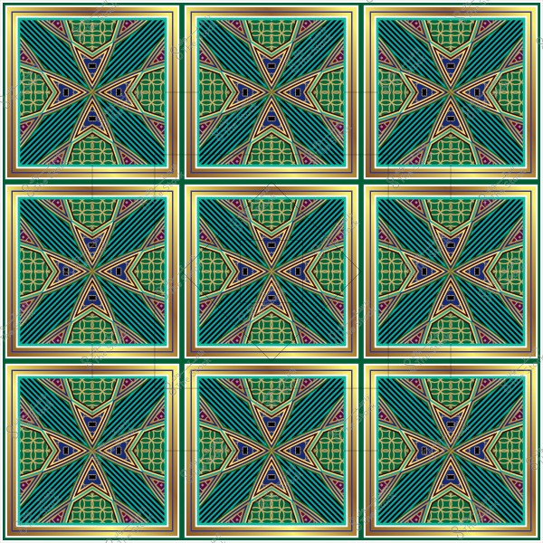 Mosaic design featuring a multicolored geometric star pattern with intersecting lines and repetitive motifs in nine squares.