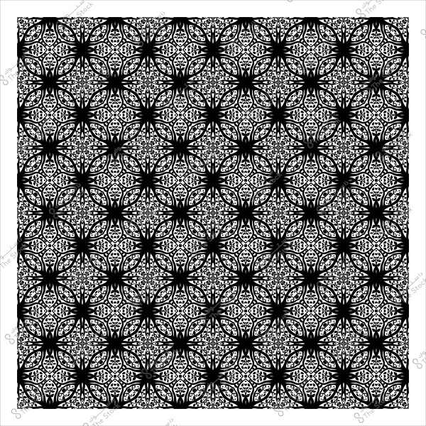 نمط هندسي مزخرف بالأبيض والأسود يظهر أشكالاً دائرية وزخارف معقدة تكرارية.