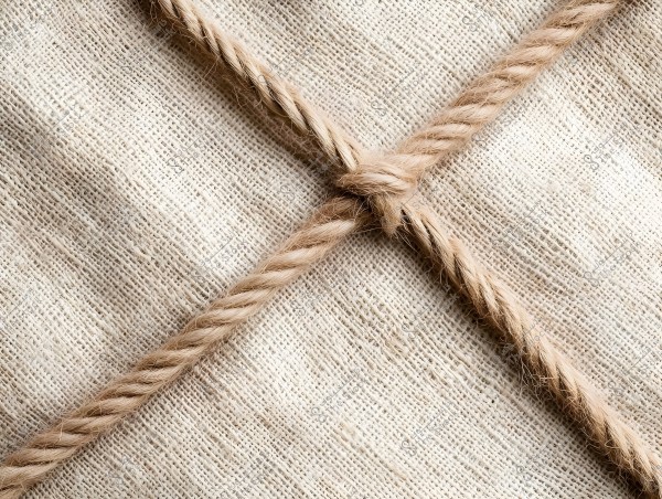 Image of a piece of beige burlap fabric with a thick rope tied in a knot. The burlap has a coarse texture, and the rope is tightly twisted.
