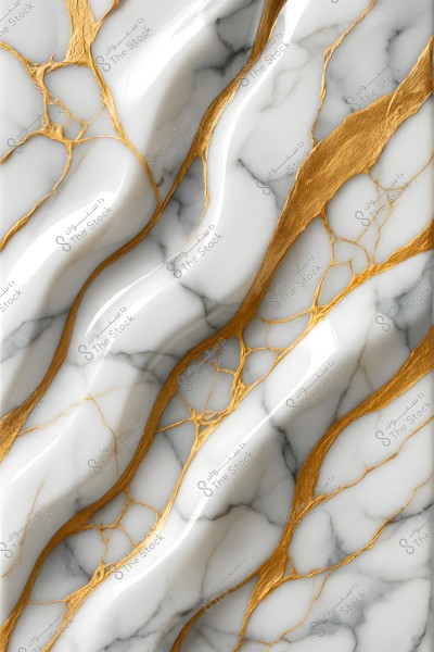 Abstract pattern on a surface resembling white marble with golden shimmering veins running through the design, creating a luxurious effect. The pattern includes curves and reflects a glossy and elegant texture.