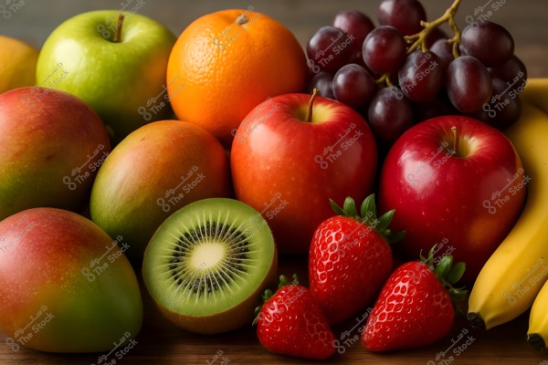 An image of a variety of fruits on a wooden surface. The image includes shiny red apples, yellow bananas, an orange, clusters of dark red grapes, a halved kiwi showing its green flesh, ripe mangoes with green and orange hues, and several ripe red strawberries.