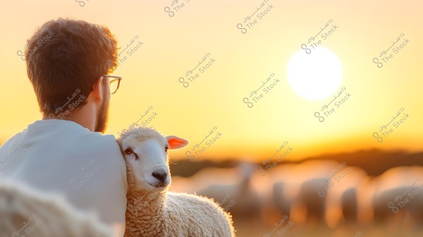 An image of a man sitting outdoors at sunset, gently embracing a small sheep. The man is wearing glasses and a white shirt. The background shows a natural scene with several sheep and a brightly glowing orange sky.