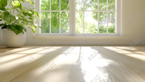 An image showing a large white pot containing a plant with vibrant green leaves placed on a wooden floor near a large window. Natural light streams through the multi-panel glass window, illuminating the room and casting distinct shadows on the floor.