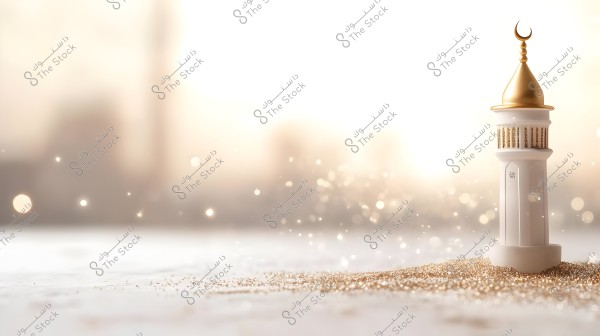 A photo showing a white mosque minaret with a golden dome and a crescent at the top. The minaret is set on a surface that seems to be covered with fine golden sand, with a blurry background featuring warm tones and sparkling light spots in the atmosphere.