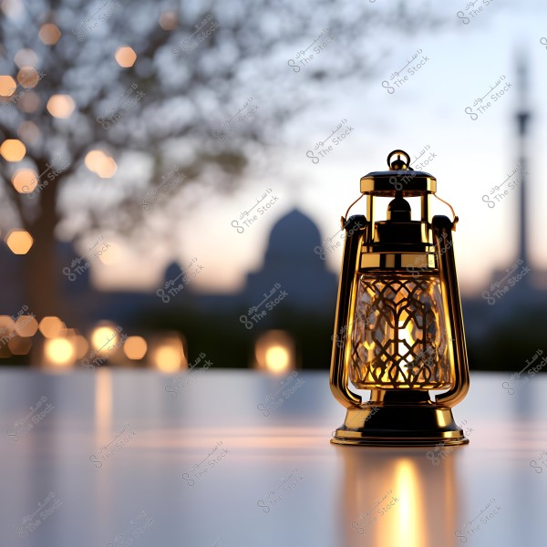 A golden lantern with intricate decorative details placed on a table. In the background, there is a blurred view of night lights, with trees and architectural features that resemble domes or buildings, all under bright sky lighting.