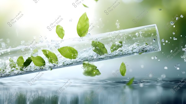 A tilted glass test tube filled with green leaves floating in a liquid resembling water. Sprays and bubbles are scattered around the tube, and the background is blurred with soft green tones, giving a sense of nature and purity.