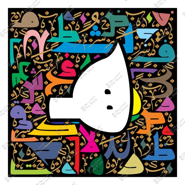 صورة فنية بألوان متعددة تحتوي على حروف عربية مزخرفة, تشتمل على خطوط وألوان زاهية تشكل خلفية مزخرفة, مع وجود شكل أبيض يشبه سماعة الرأس في منتصف الصورة.

-