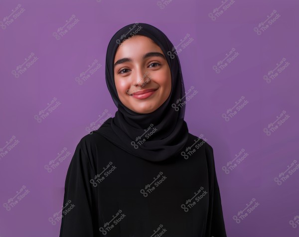 Portrait of a woman wearing a black hijab and dark abaya, standing against a purple background. She appears smiling and confident.