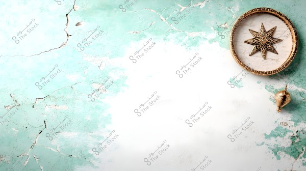 Image of a round wall clock with golden embellishments on the right side of an old, cracked wall. The wall has a light green gradient color with multiple cracks. The interior design of the clock features an eight-pointed star shape.