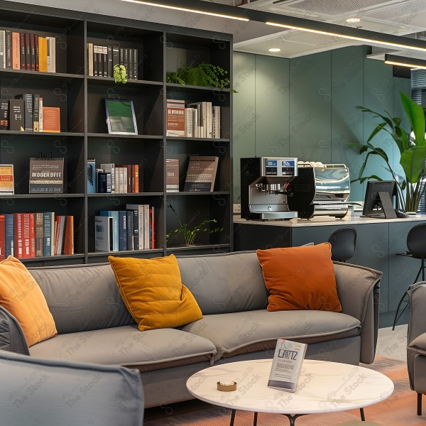 A modern office with distinctive interior design featuring a large bookshelf behind a sofa with colorful pillows, and a modern coffee machine. This image was generated by artificial intelligence.