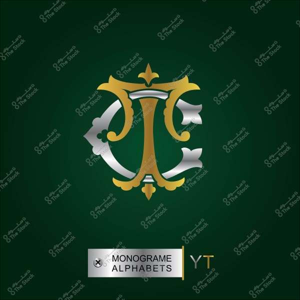 شعار مزخرف يتكون من أحرف ذهبية وفضية على خلفية خضراء داكنة, تحتها كتابة "MONOGRAME ALPHABETS" مع الأحرف "YT".