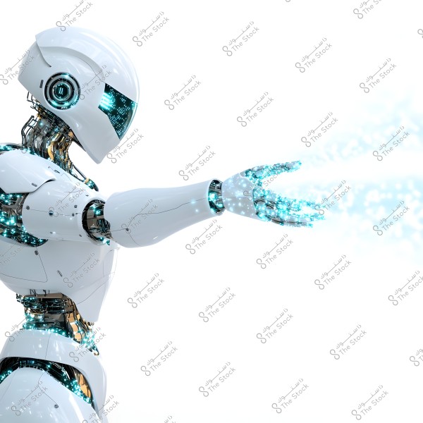 Image of a modern white robot extending an arm covered with blue light, with intricate mechanical details visible in the design. The background is white, highlighting the robot clearly.