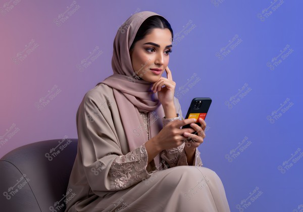 An image of a woman wearing a beige abaya and hijab, sitting on a chair while holding a smartphone. She appears thoughtful, resting her hand on her cheek. The background features a gradient of purple and blue colors. The image is a portrait of a woman who might be from the Middle East.