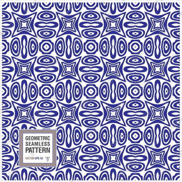 Blue geometric seamless pattern with star and oval shapes.