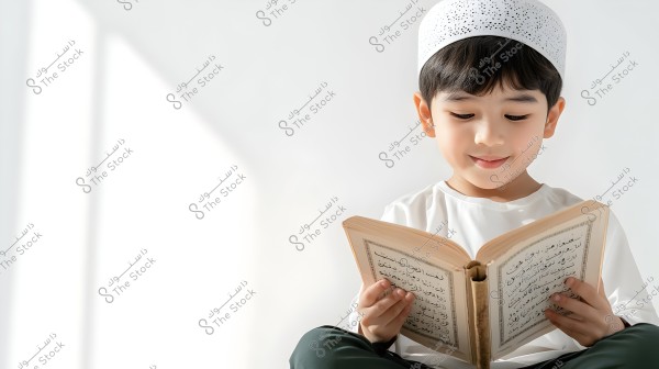 An image of a young boy wearing a white shirt and a decorated white cap, sitting and reading from a book in Arabic. The background is white, conveying a sense of calmness and focus.