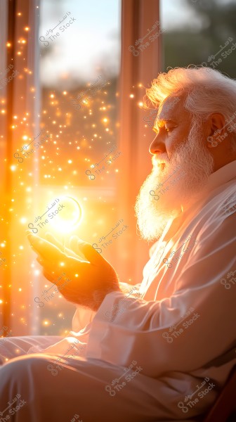 Image of an elderly man with a white beard sitting by a window. He is wearing a white robe, and the scene features a glowing orb between his hands with an orange glow and light effects surrounding it. The atmosphere suggests peace and spirituality.