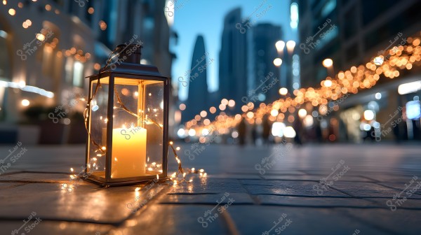 A metal lantern containing a lit candle on a pavement, surrounded by small golden decorative lights. In the background, illuminated urban buildings are blurred in the evening, providing a warm and serene ambiance.
