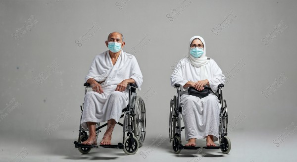 An image of a man and a woman sitting in wheelchairs, wearing white ihram clothing and medical face masks. The man is in a traditional ihram robe, while the woman wears a headscarf. The background is plain white.