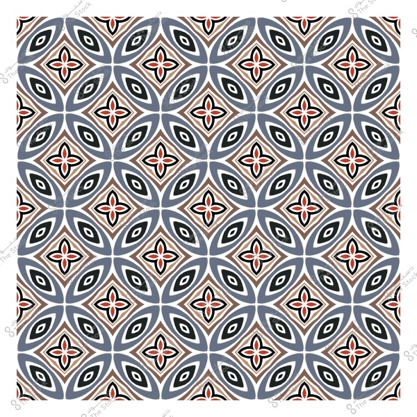 نمط هندسي مكرر بأشكال ماسية وزهور ثمانية الأطراف بألوان متناسقة تتضمن الرمادي, البني, والأسود مع تفاصيل برتقالية.