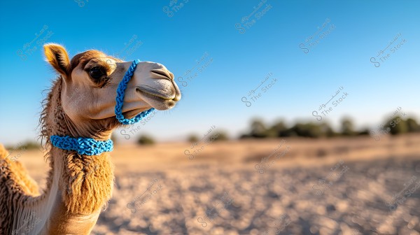 An image of a camel in the desert wearing a blue rope halter. The camel\'s head is turned to the right, and in the background, there is a desert scene with a clear blue sky and some distant trees.
