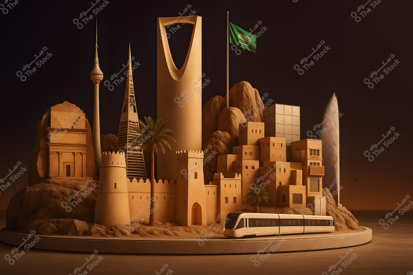 An artistic representation of iconic architectural landmarks in Saudi Arabia. The scene includes famous buildings like the Kingdom Tower and Al Faisaliah Tower along with historical monuments on a rocky base. A palm tree and the Saudi Arabian flag are prominently displayed. A modern train is visible in the foreground, and a water fountain appears on the right side of the image.