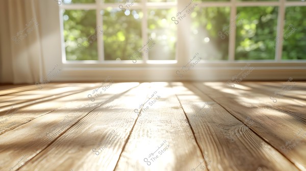 Image of a sunlit wooden floor indoors. Sunlight streams through a large window with blurred green trees visible outside. The light and shadows create aesthetic effects on the polished wood.
