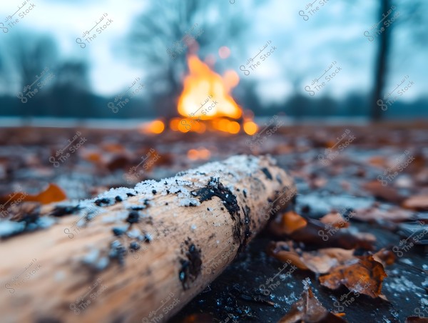 Image showing a tree log covered with snow in the foreground, with a fire burning in the background. Fallen brown leaves are scattered on the ground, focusing on depth with the foreground clear and the background blurred representing the forest on a cold day.