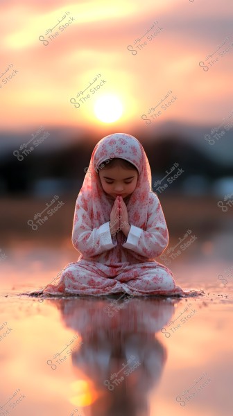 A child sits peacefully on the ground with the reflection of sunset light in the water. The child is wearing a floral patterned hijab and clothing in pink and white. She is looking down and has her hands together in prayer.