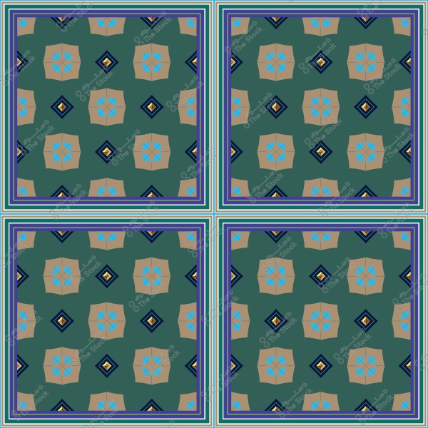 تصميم هندسي بنمط متكرر بأشكال خماسية وألوان أزرق وبني على خلفية خضراء, محاطة بإطارات ملونة تشمل الأزرق والبنفسجي والأبيض.