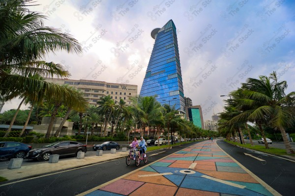 Palm trees, paved roads and pedestrian roads in Jeddah Corniche, Kingdom of Saudi Arabia