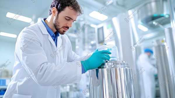 A scientist wearing a white lab coat and blue gloves is working in a modern laboratory. He is carefully holding a clear container above a large metallic device. The lab features advanced equipment in the background, with another person in lab attire working in the distant background.