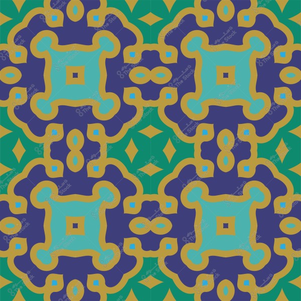 Intricate decorative pattern with blue, green, and gold colors in a repeating geometric design.