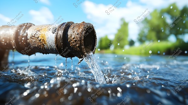 Image of an old, corroded pipe discharging water into a water body. The pipe is prominently displayed in the foreground, with water droplets splashing around it. In the background, trees and greenery are softly blurred against a blue sky with scattered clouds.