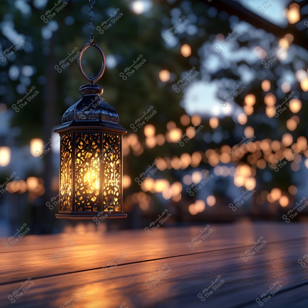 A decorative metal lantern hanging, emitting a warm glow and illuminating a wooden surface. In the background, small blurred lights are suspended between trees in a cozy, beautiful evening ambiance, adding to the festive feel of the scene.