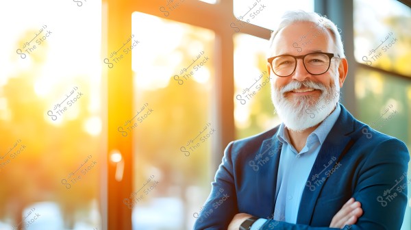 Image of an older man with a white beard wearing glasses and formal clothing. He stands in front of a large window with a bright, sunlit background creating a warm and glowing atmosphere.