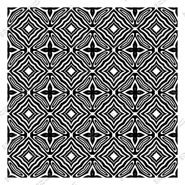 A symmetrical geometric pattern in black and white forming a repeating design with wavy shapes.