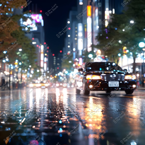 The image shows an urban night scene with a black car driving through a wet street. The numerous lights from the buildings on both sides add vibrancy to the scene, while the wet ground reflects the colorful lights, giving a sparkly and shiny effect. Trees lining the street add a natural dimension to the scene.