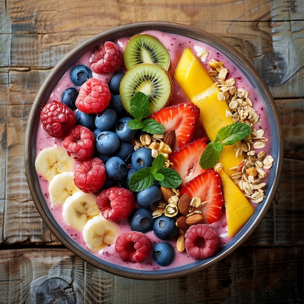 A healthy smoothie bowl topped with slices of banana, raspberries, blueberries, strawberries, kiwi, and mango, along with nuts and oats, creating a delicious and attractive presentation. This image was generated by artificial intelligence.