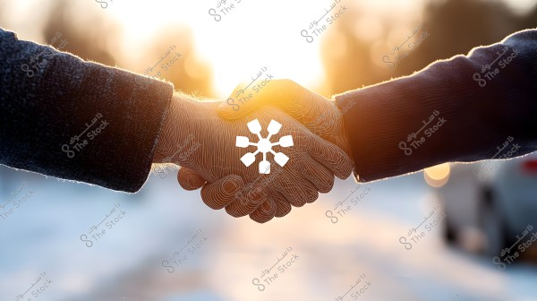 Close-up image of two people shaking hands, with their arms extended and both wearing coats. In the center of the image, there is a white symbol resembling a snowflake. The background features golden sunlight and a blurred effect, suggesting a cold or wintery setting.