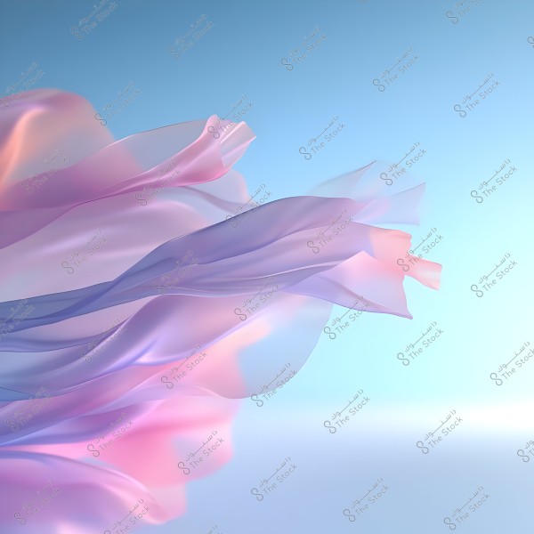 The image shows transparent, delicate fabrics floating in the air against a clear blue background. The colors range from light pink to purple, creating a serene and ethereal effect.