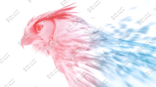 An artistic rendering of an owl\'s face with gradient coloring, showing the side of the owl in red which transitions to blue towards the back, creating a surreal effect. The drawn details, including the eye and feathers, add an elegant artistic touch to the image.