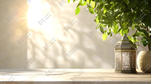 Image showing a decorative metal lantern next to a flourishing plant in a pot. Natural light shines from the left, casting a beautiful pattern of light and shadow on the wall in the background. The green leaves and warm light contribute to a calm and relaxing atmosphere.