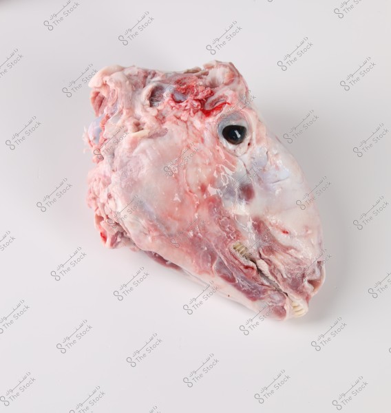 A slaughtered sheep\'s head showing red and pink colors on a white surface. It clearly displays details such as the eye and teeth, and the head appears to have been recently cleaned.