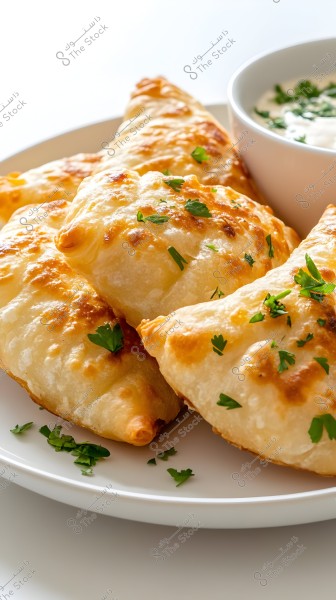 The image shows a plate of fried stuffed pastries arranged circularly on a white plate. They are garnished with parsley leaves and accompanied by a white sauce in a small bowl. The pastries are golden and puffy.