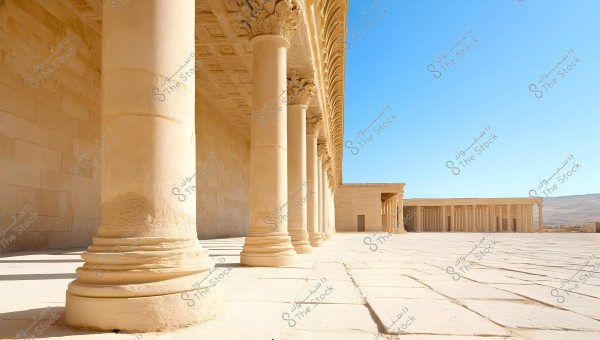 Image of an ancient Egyptian temple with a row of massive stone columns on the left side, set against a wide limestone floor extending towards another building in the background. The sky is clear and blue, bathing the scene in bright sunlight.